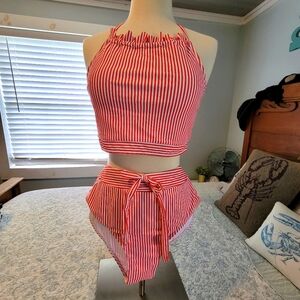NEW 2 piece red and white stripped bathing suit. Size L
